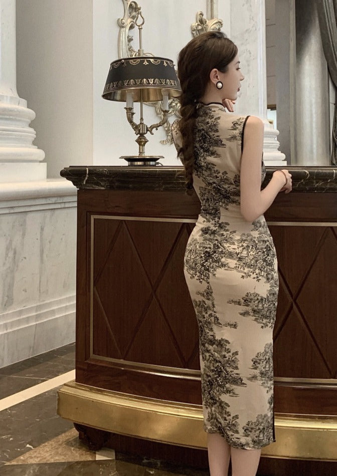 Ink Wash | Printed Beige Qipao (水墨画)