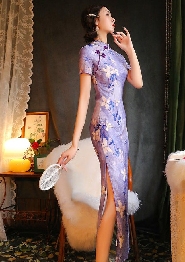 Purple Magnolia | Printed Linen Qipao (紫玉兰)