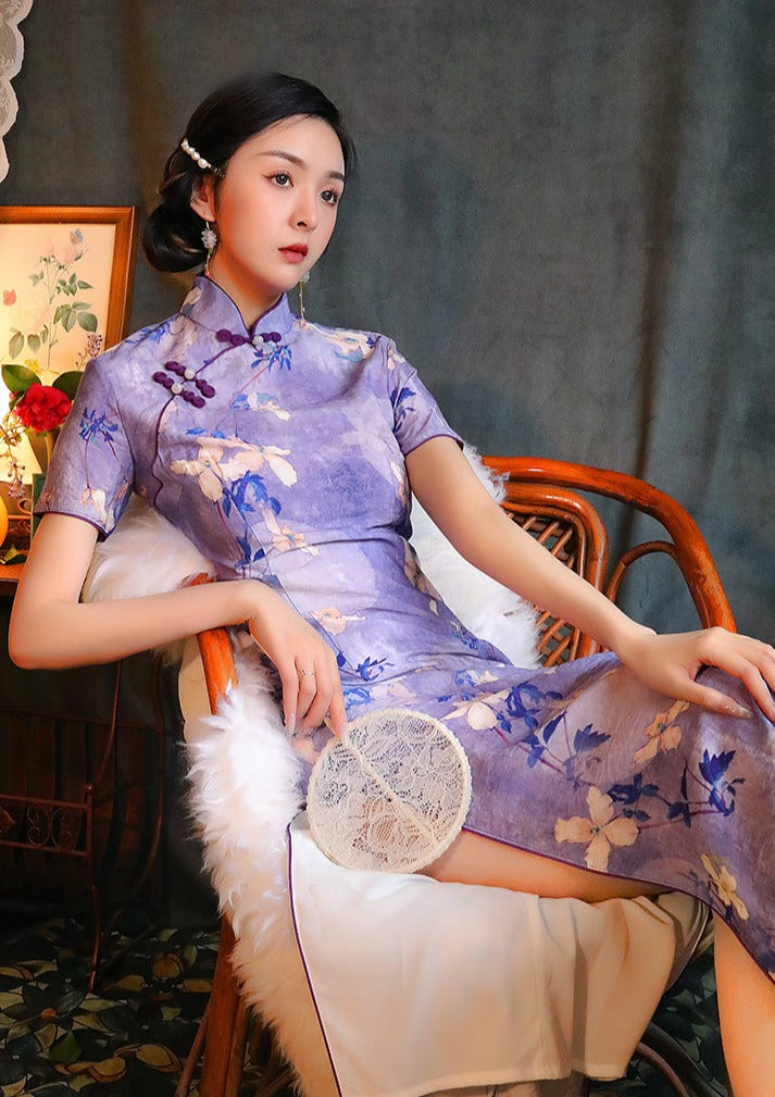 Purple Magnolia | Printed Linen Qipao (紫玉兰)