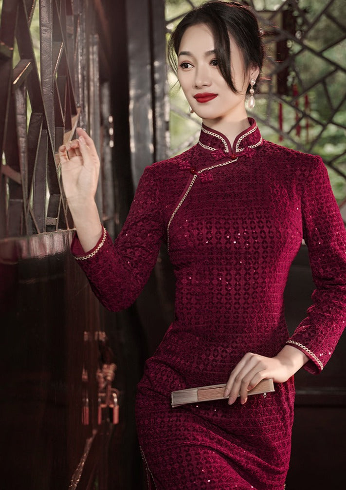 Wine Red Premium Sequin Qipao (红妆)