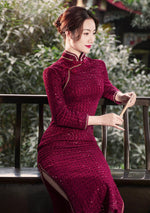 Wine Red Premium Sequin Fabric Qipao