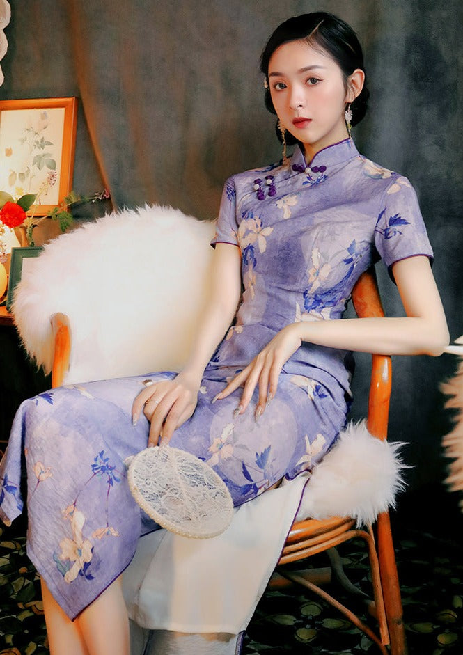 Purple Magnolia | Printed Linen Qipao (紫玉兰)