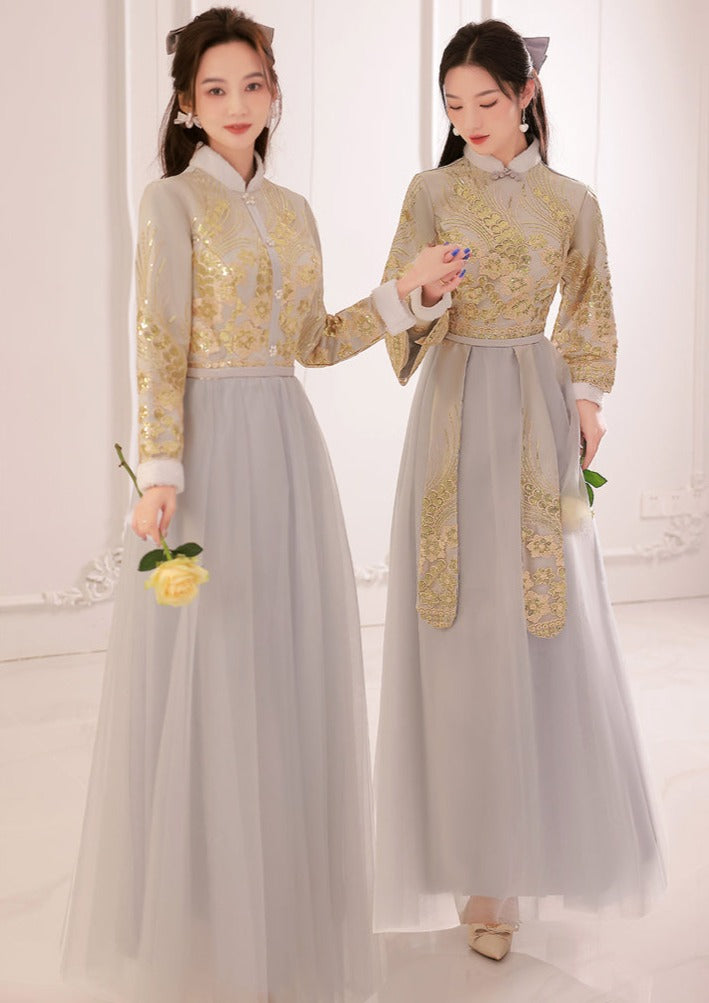 Bridesmaids Gray Chinese Style Dress (BM07) S / Two Layers / Gray Bridesmaids Gray Chinese Style Dress (BM07) S / Two Layers / Gray