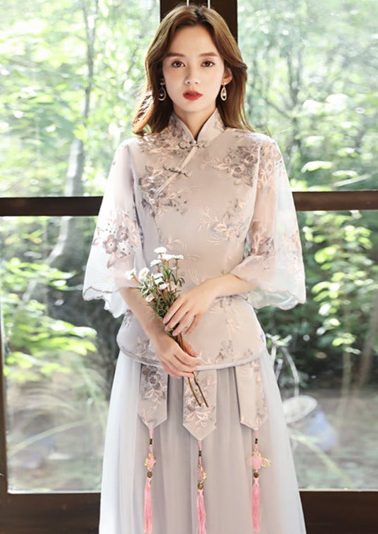 Bridesmaids Gray Chinese Style Dress (BM05) L / Medium Length Sleeves / Gray Bridesmaids Gray Chinese Style Dress (BM05) L / Medium Length Sleeves / Gray