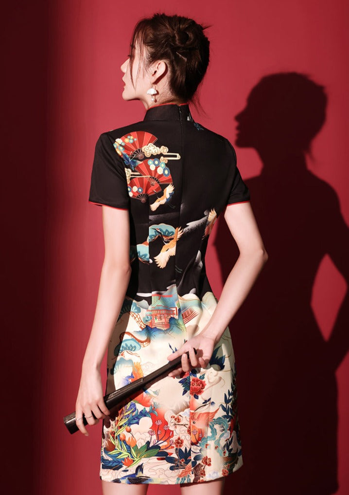 Lotus Crane | Mini Qipao Dress (黑鹤)