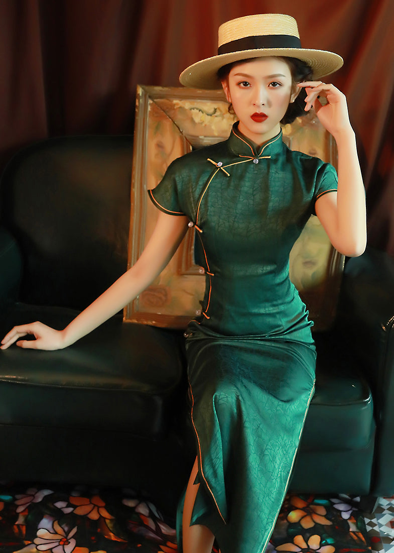 2026 Summer Green Jacquard Cheongsam Qi Pao Dress - IMALLURE S 2026 Summer Green Jacquard Cheongsam Qi Pao Dress - IMALLURE S