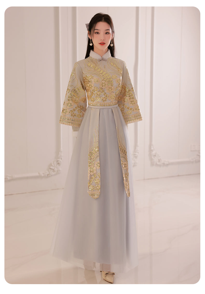 Bridesmaids Gray Chinese Style Dress (BM07) S / Two Layers / Gray Bridesmaids Gray Chinese Style Dress (BM07) S / Two Layers / Gray