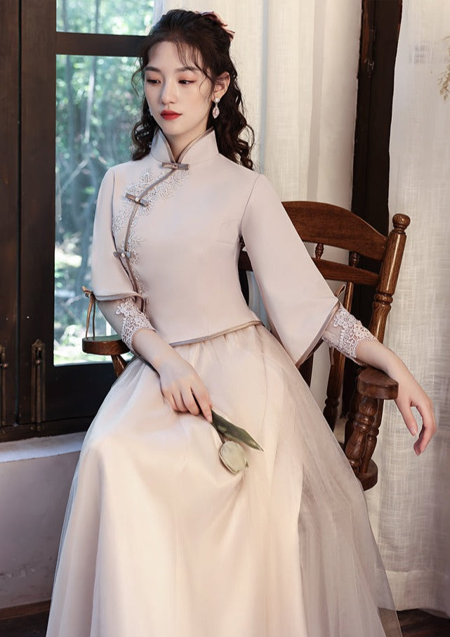 Bridesmaids Gray Chinese Style Dress (BM09) XL / Gray Bridesmaids Gray Chinese Style Dress (BM09) XL / Gray