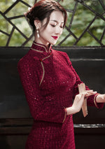 Wine Red Premium Sequin Fabric Qipao