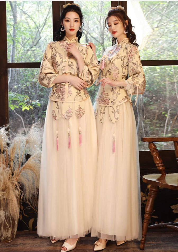 Bridesmaids Gold Chinese Style Dress (BM012) S / Regular Sleeves / Gold Bridesmaids Gold Chinese Style Dress (BM012) S / Regular Sleeves / Gold