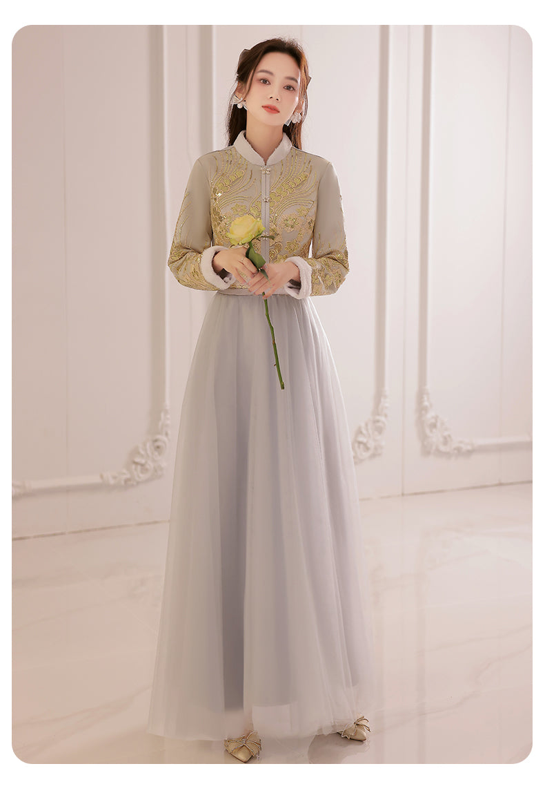 Bridesmaids Gray Chinese Style Dress (BM07) S / Two Layers / Gray Bridesmaids Gray Chinese Style Dress (BM07) S / Two Layers / Gray