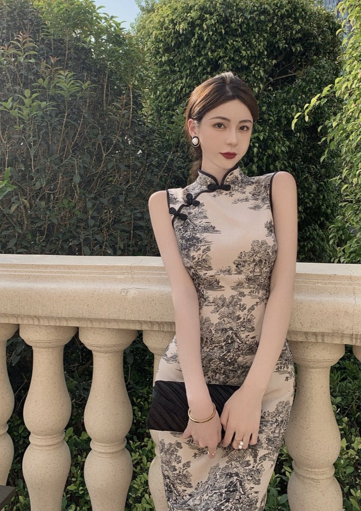 Ink Wash | Printed Beige Qipao (水墨画)