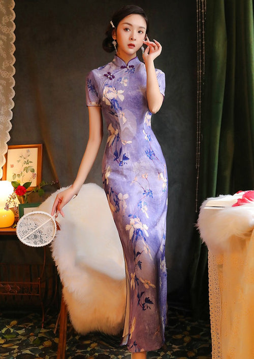 Purple Magnolia | Printed Linen Qipao (紫玉兰)