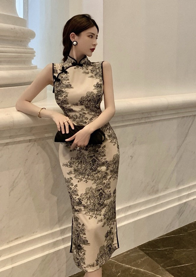 Ink Wash | Printed Beige Qipao (水墨画)