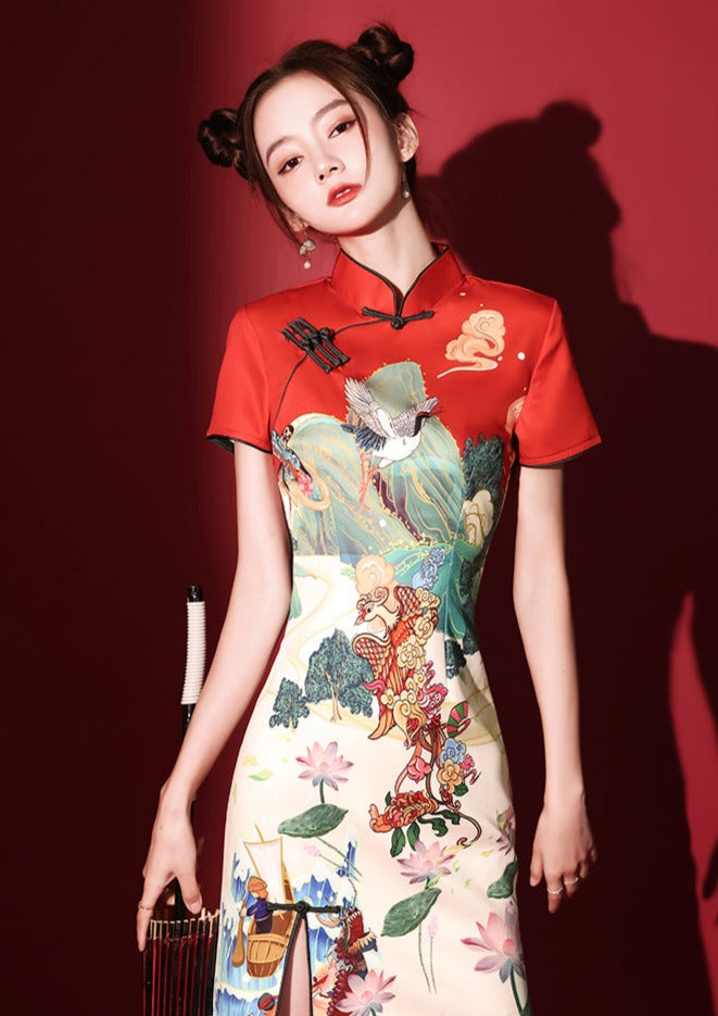 mini qipao dress Pink Jacquard Qipao Dress, Short Modern Cheongsam, Daisy