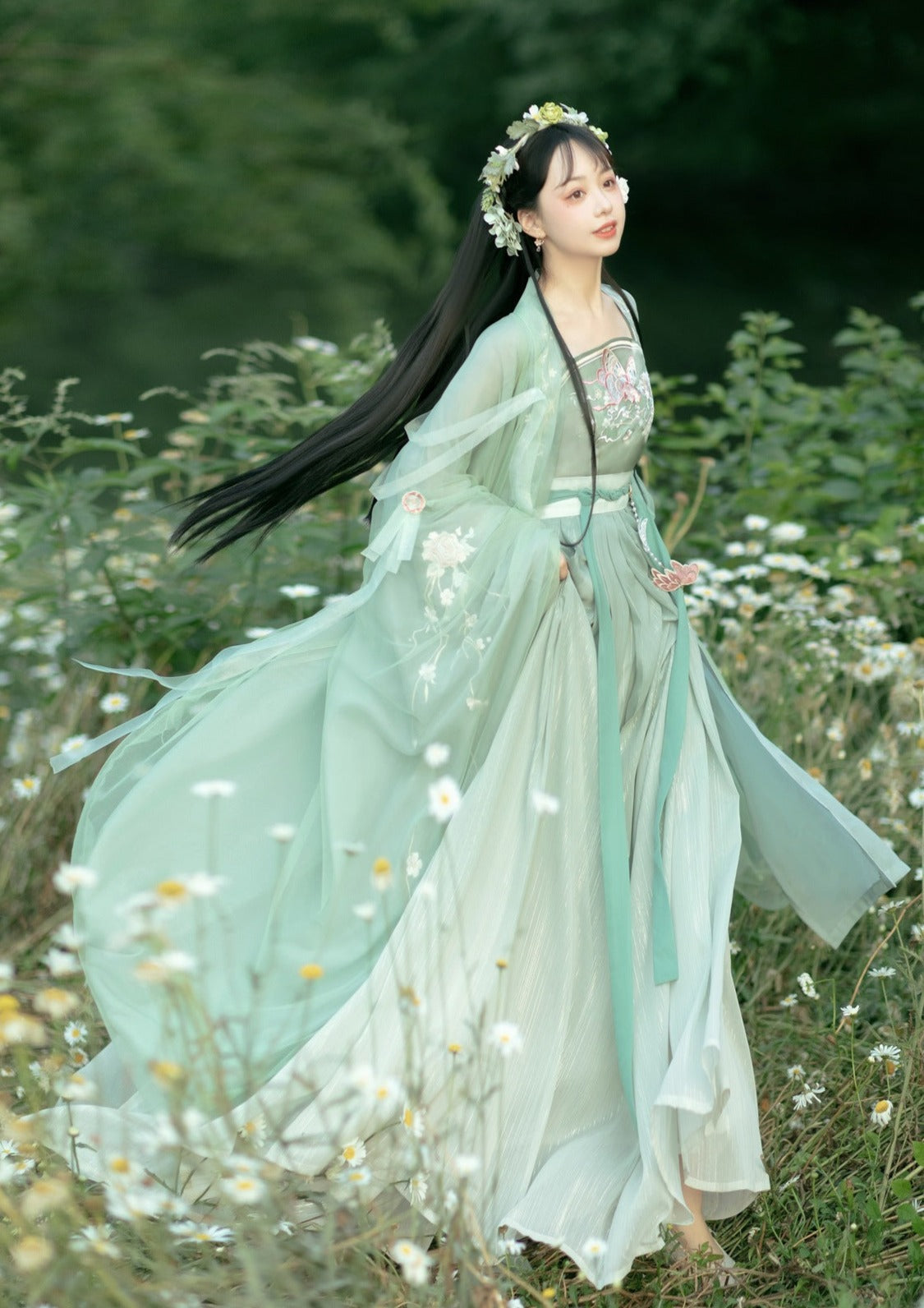 Chinese Style Vintage Flower Embroidery Sprout Green Hanfu Clothing Daily Wear(4PCS) Green / S Chinese Style Vintage Flower Embroidery Sprout Green Hanfu Clothing Daily Wear(4PCS) Green / S