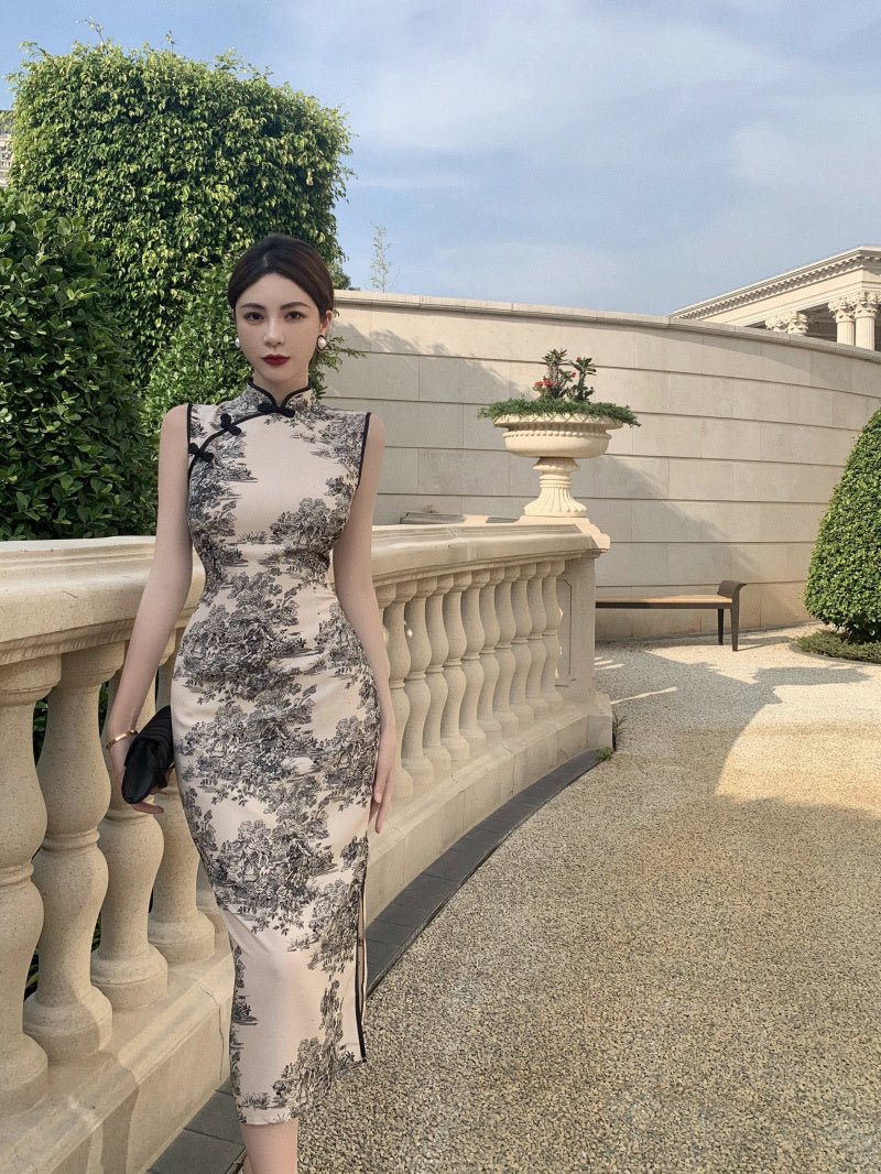 Ink Wash | Printed Beige Qipao (水墨画)