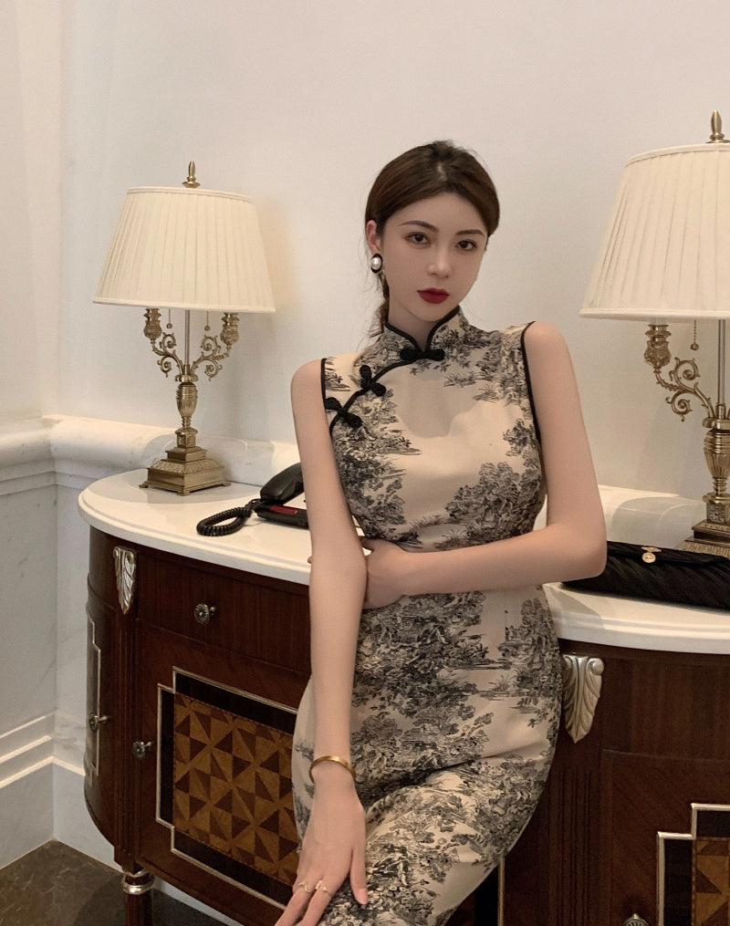 Ink Wash | Printed Beige Qipao (水墨画)