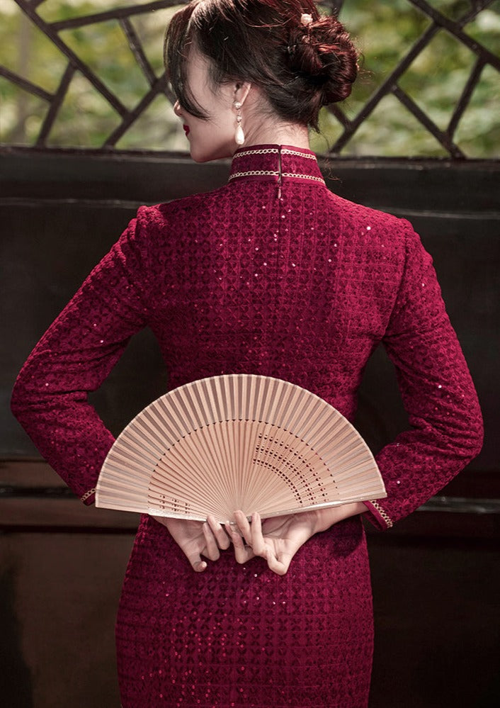 Wine Red Premium Sequin Fabric Qipao
