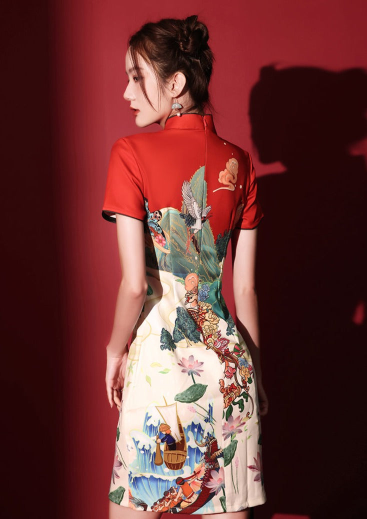 Lotus Crane | Mini Qipao Dress (黑鹤)