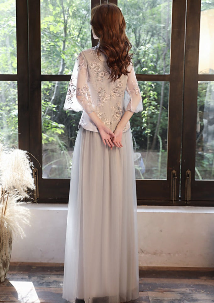 Bridesmaids Gray Chinese Style Dress (BM05) L / Long Lace Sleeves / Gray