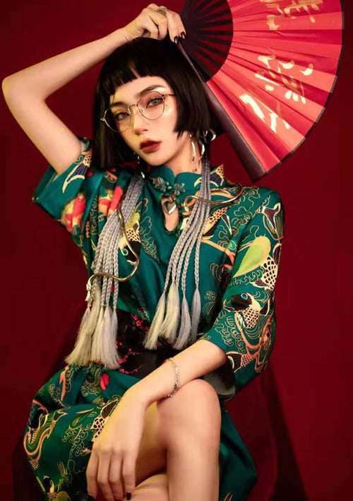 Green Koi | Mini Qipao Dress (绿锦鲤)